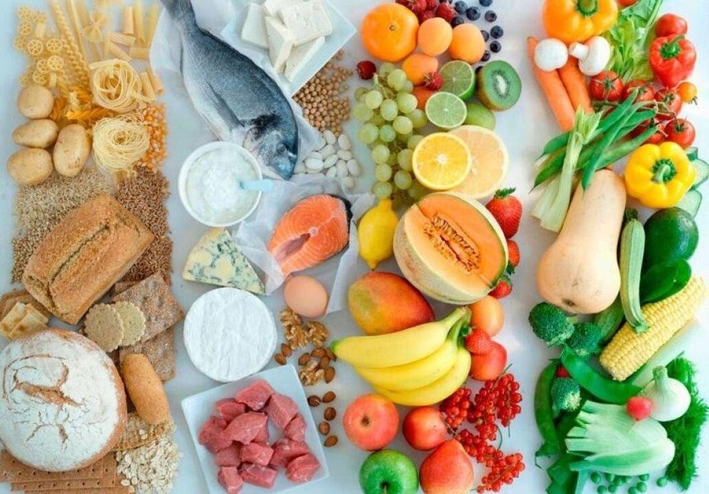 Az egészséges étrendet alkotó különböző csoportok élelmiszertermékei